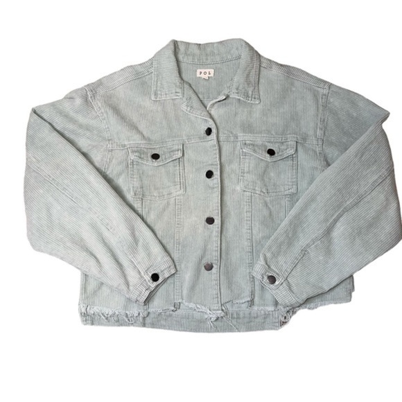 POL Jackets & Blazers - {EUC POL Distressed Light Sage Corduroy Button Up Jacket Size Medium}